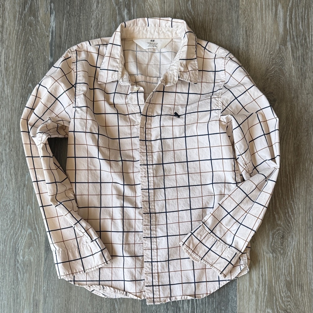 H&M Cream Button-Down Shirt with Navy Windowpane
